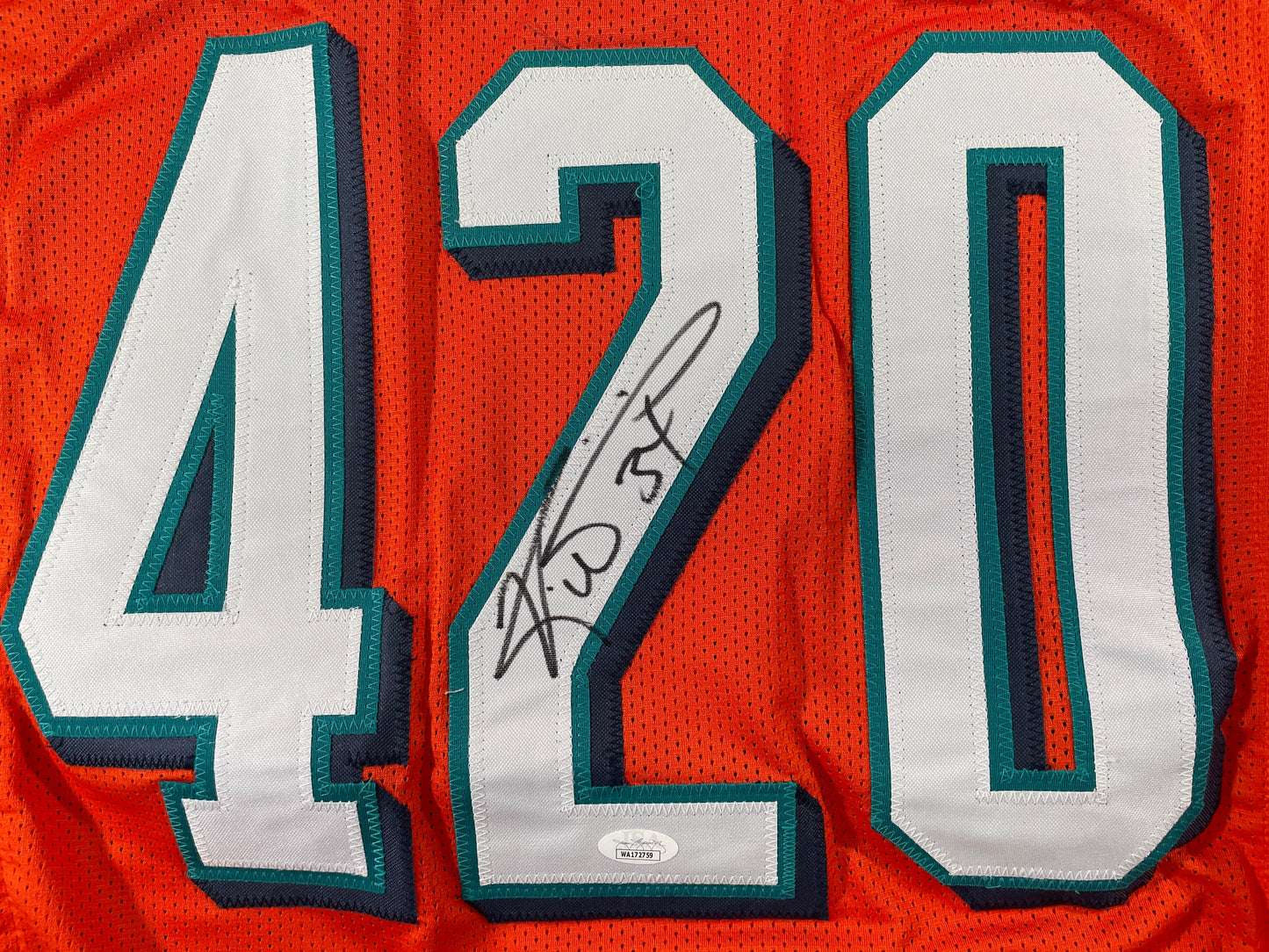RICKY WILLIAMS ORANGE MAIMI DOLPHINS 420 SIGNED JERSEY JSA