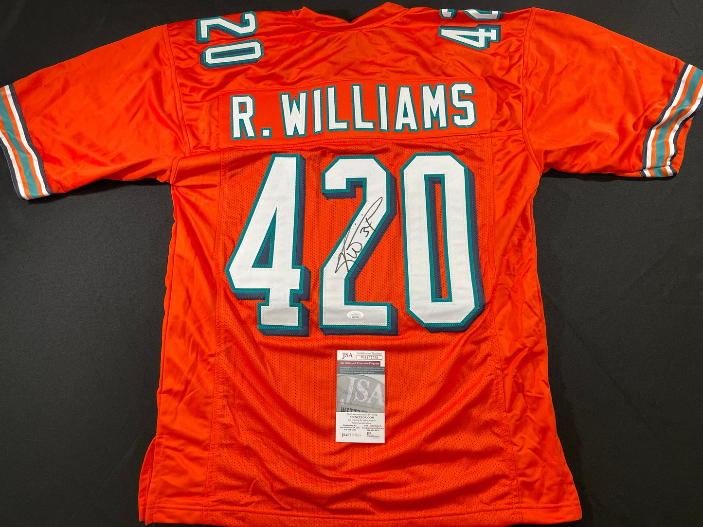 RICKY WILLIAMS ORANGE MAIMI DOLPHINS 420 SIGNED JERSEY JSA