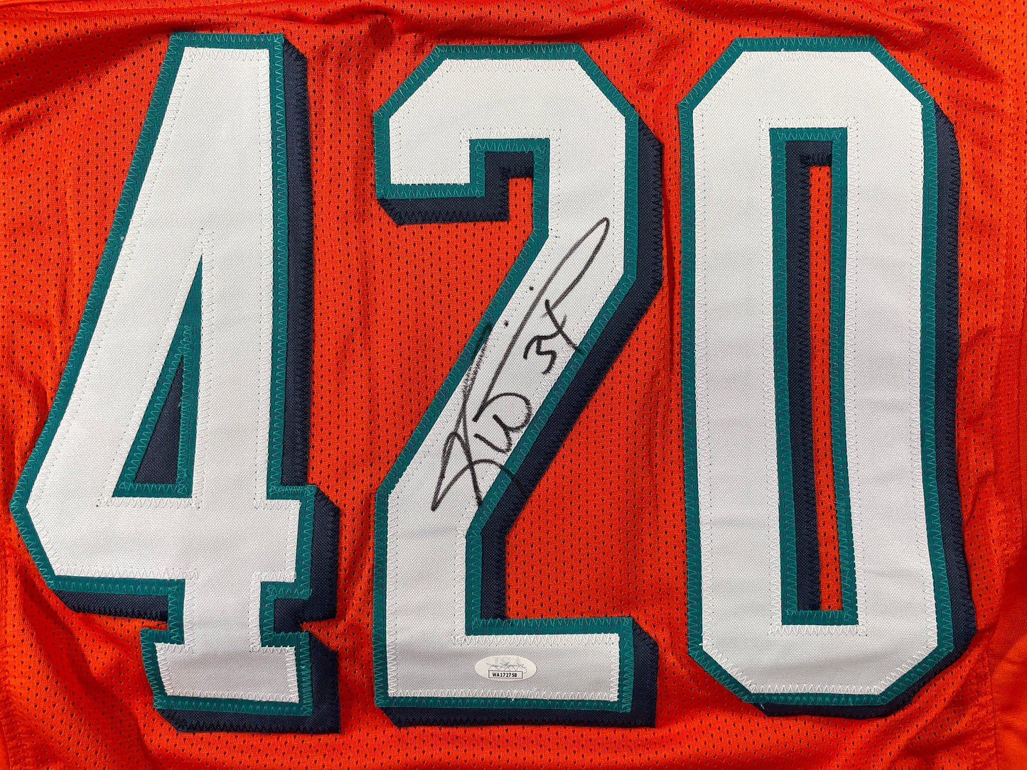 RICKY WILLIAMS ORANGE MAIMI DOLPHINS 420 SIGNED JERSEY JSA
