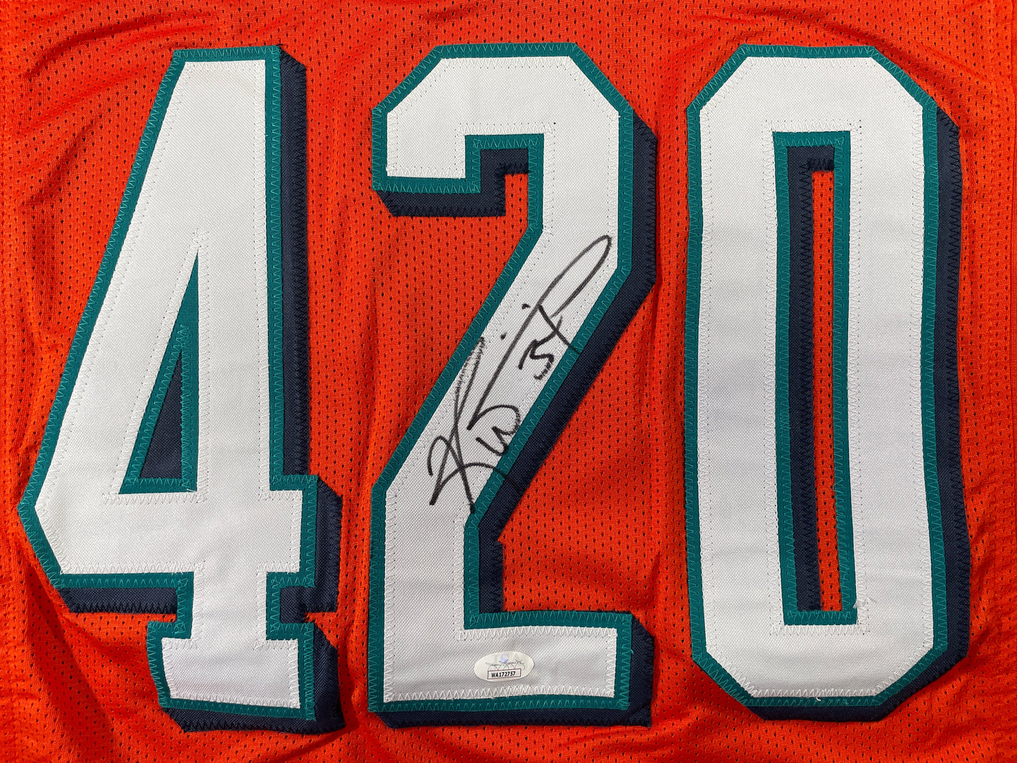 RICKY WILLIAMS ORANGE MAIMI DOLPHINS 420 SIGNED JERSEY JSA
