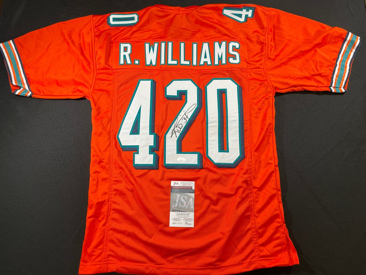 RICKY WILLIAMS ORANGE MAIMI DOLPHINS 420 SIGNED JERSEY JSA