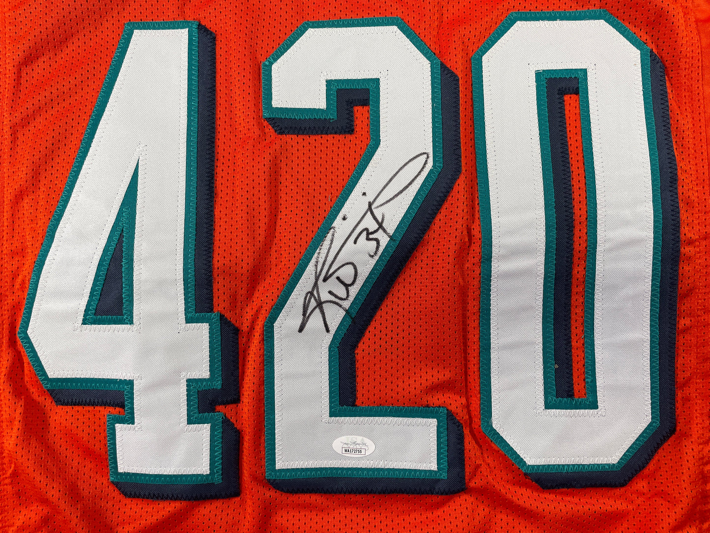 RICKY WILLIAMS ORANGE MAIMI DOLPHINS 420 SIGNED JERSEY JSA