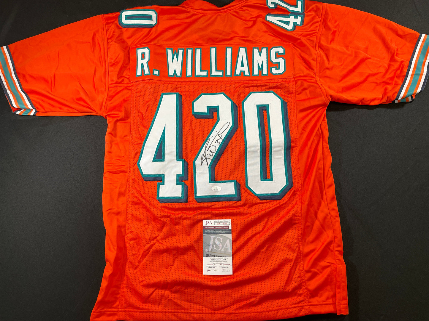 RICKY WILLIAMS ORANGE MAIMI DOLPHINS 420 SIGNED JERSEY JSA