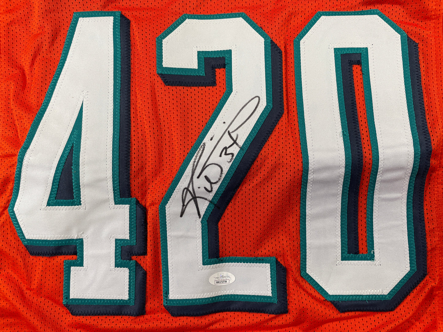 RICKY WILLIAMS ORANGE MAIMI DOLPHINS 420 SIGNED JERSEY JSA