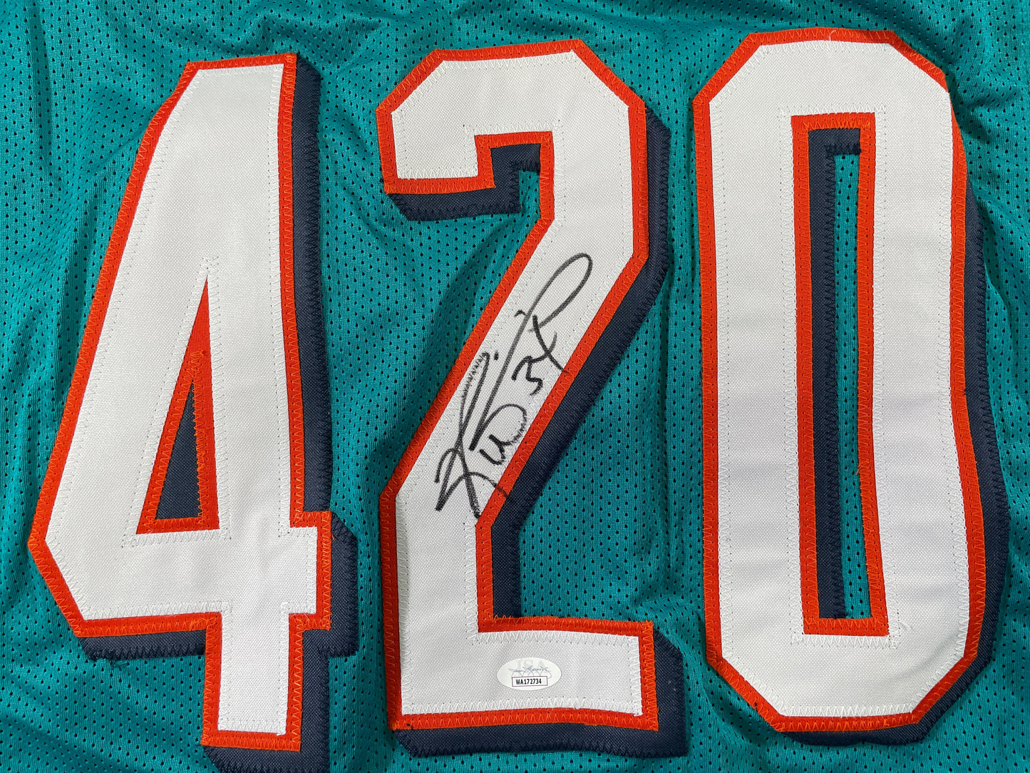 RICKY WILLIAMS TEAL MIAMI DOLPHINS 420 SIGNED JERSEY JSA