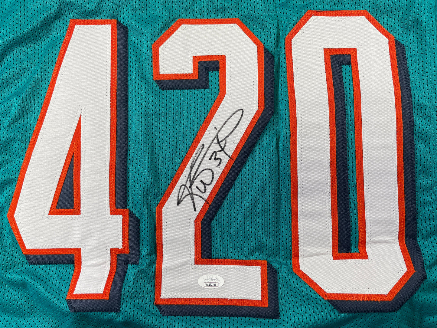 RICKY WILLIAMS TEAL MIAMI DOLPHINS 420 SIGNED JERSEY JSA