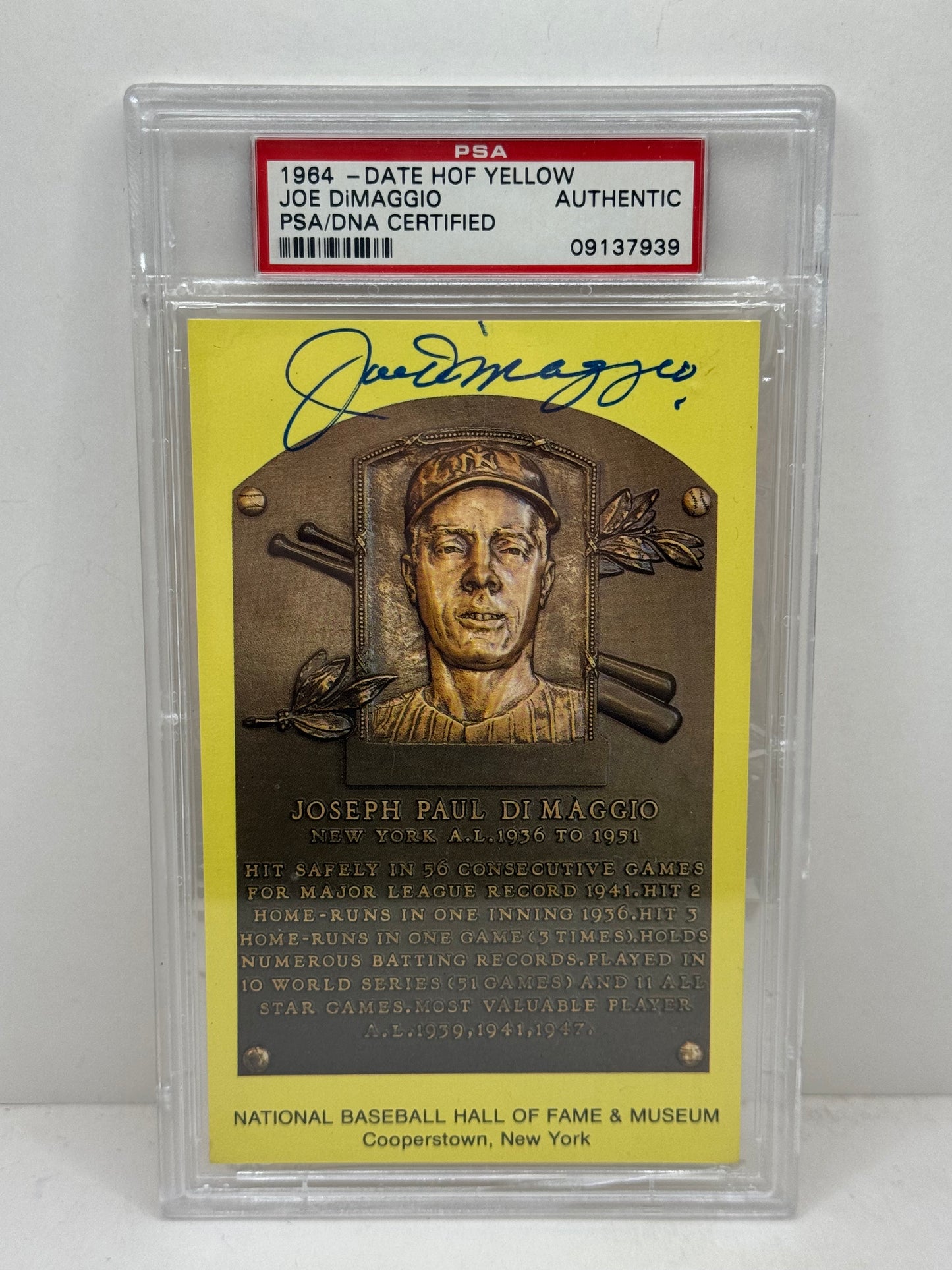 1964 MLB HOF Plaque Signed by Joe DiMaggio PSA Authentic