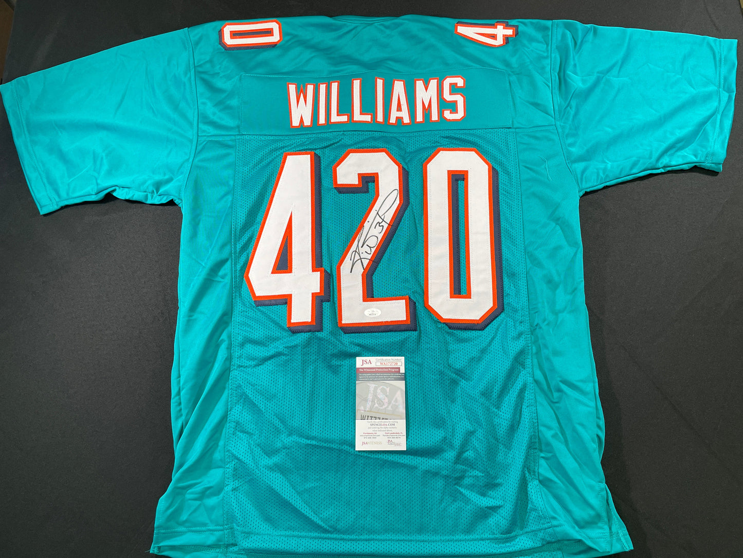 RICKY WILLIAMS TEAL MIAMI DOLPHINS 420 SIGNED JERSEY JSA