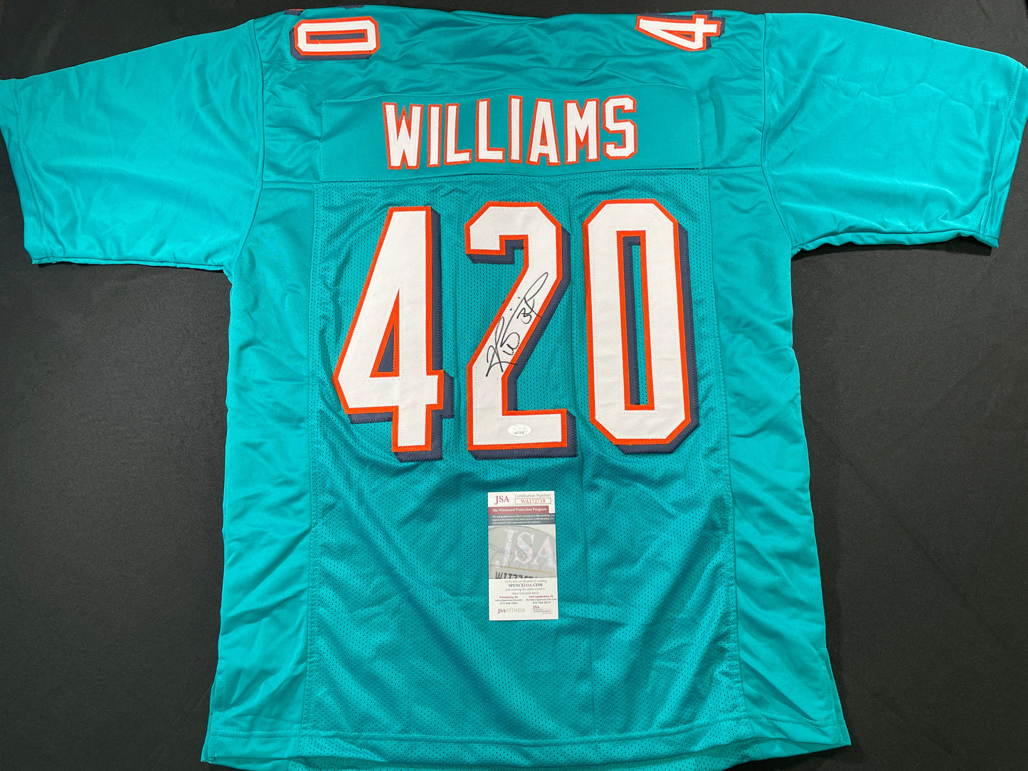 RICKY WILLIAMS TEAL MIAMI DOLPHINS 420 SIGNED JERSEY JSA