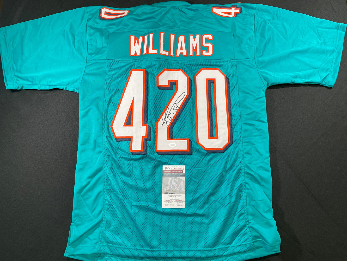 RICKY WILLIAMS TEAL MIAMI DOLPHINS 420 SIGNED JERSEY JSA