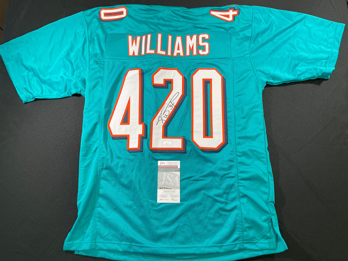 RICKY WILLIAMS TEAL MIAMI DOLPHINS 420 SIGNED JERSEY JSA