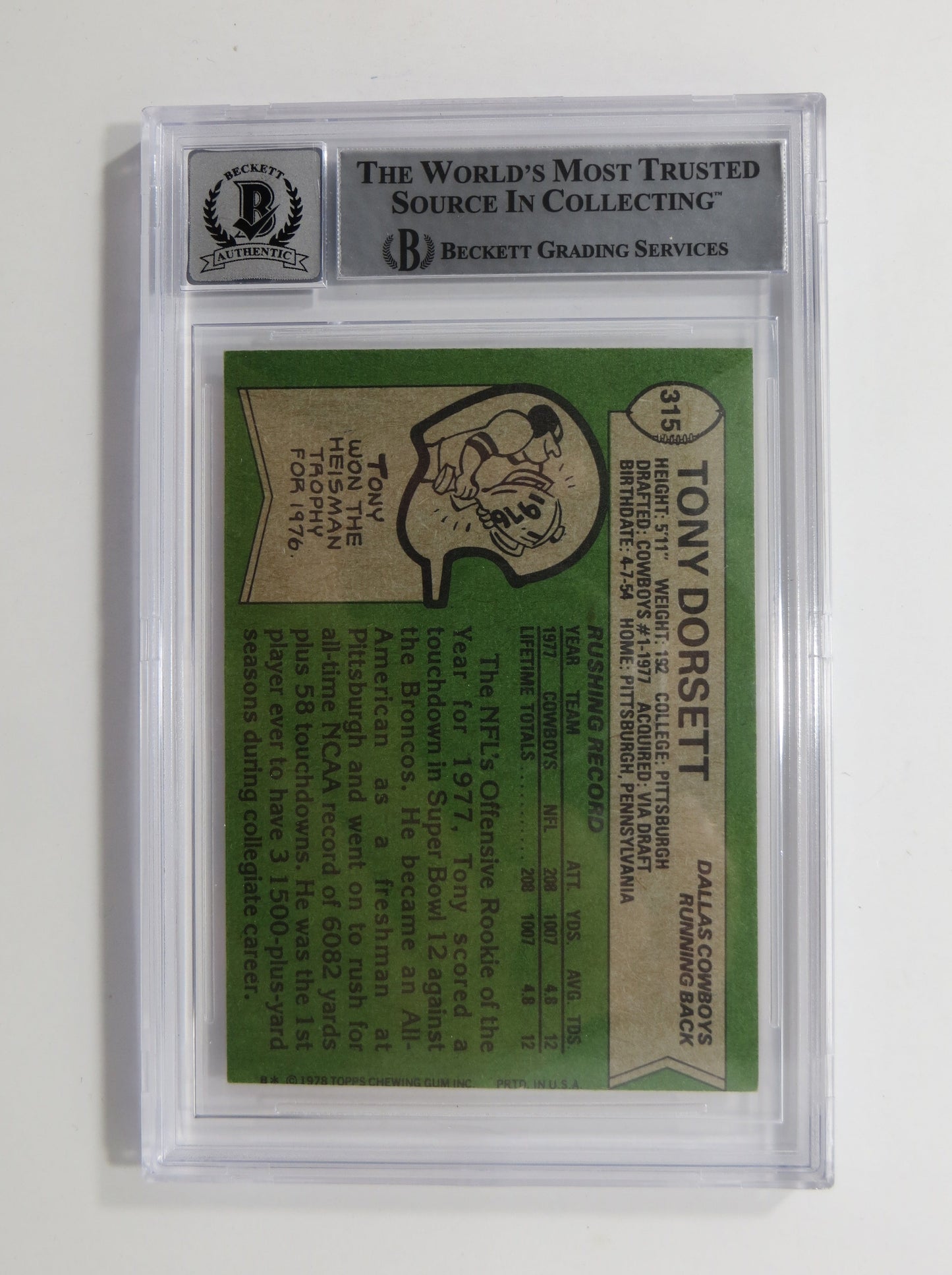 TONY DORSETT SIGNED 1978 Topps #315 ROOKIE CARD BGS Auto 10 Slab DALLAS COWBOYS