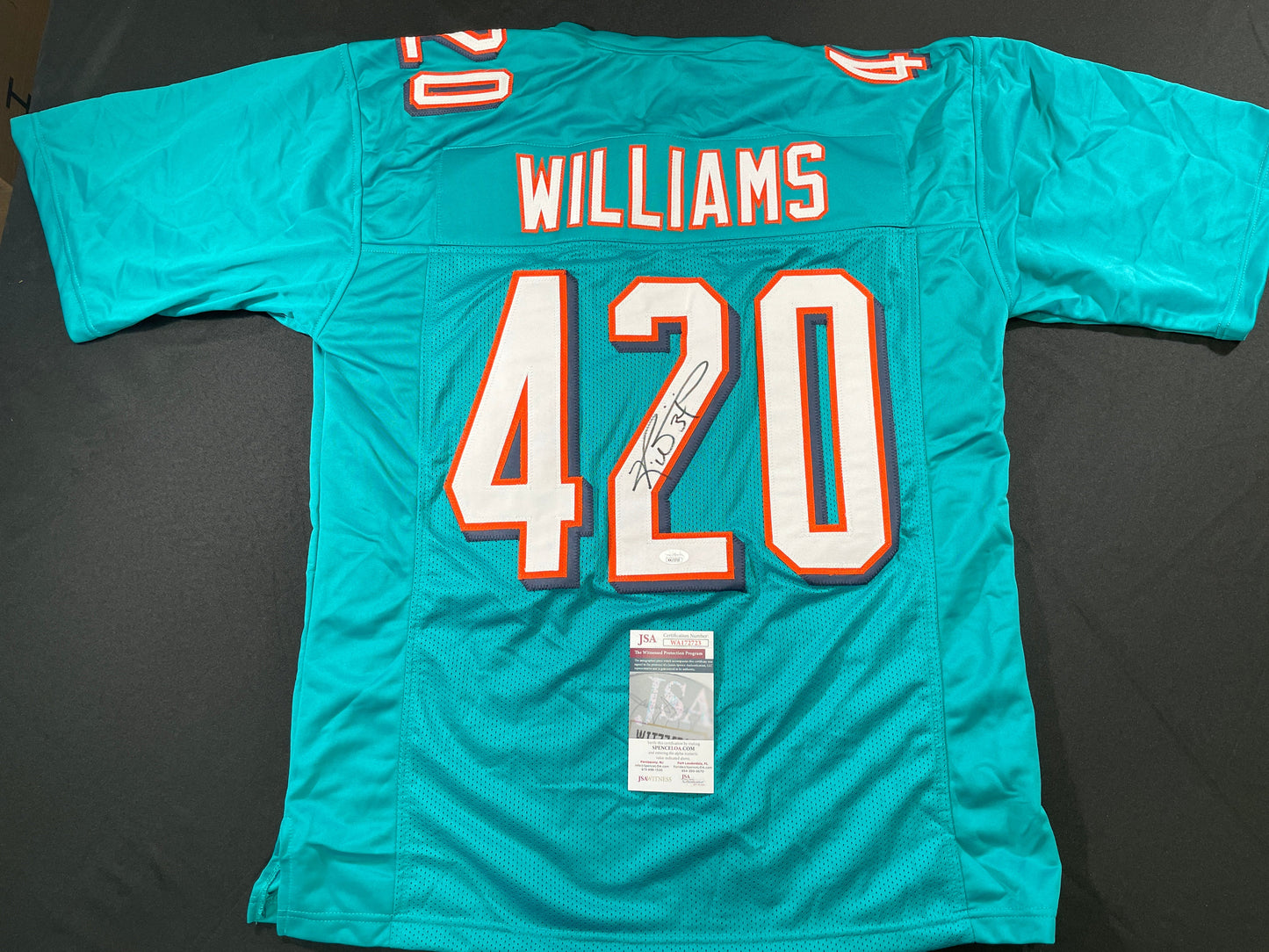 RICKY WILLIAMS TEAL MIAMI DOLPHINS 420 SIGNED JERSEY JSA