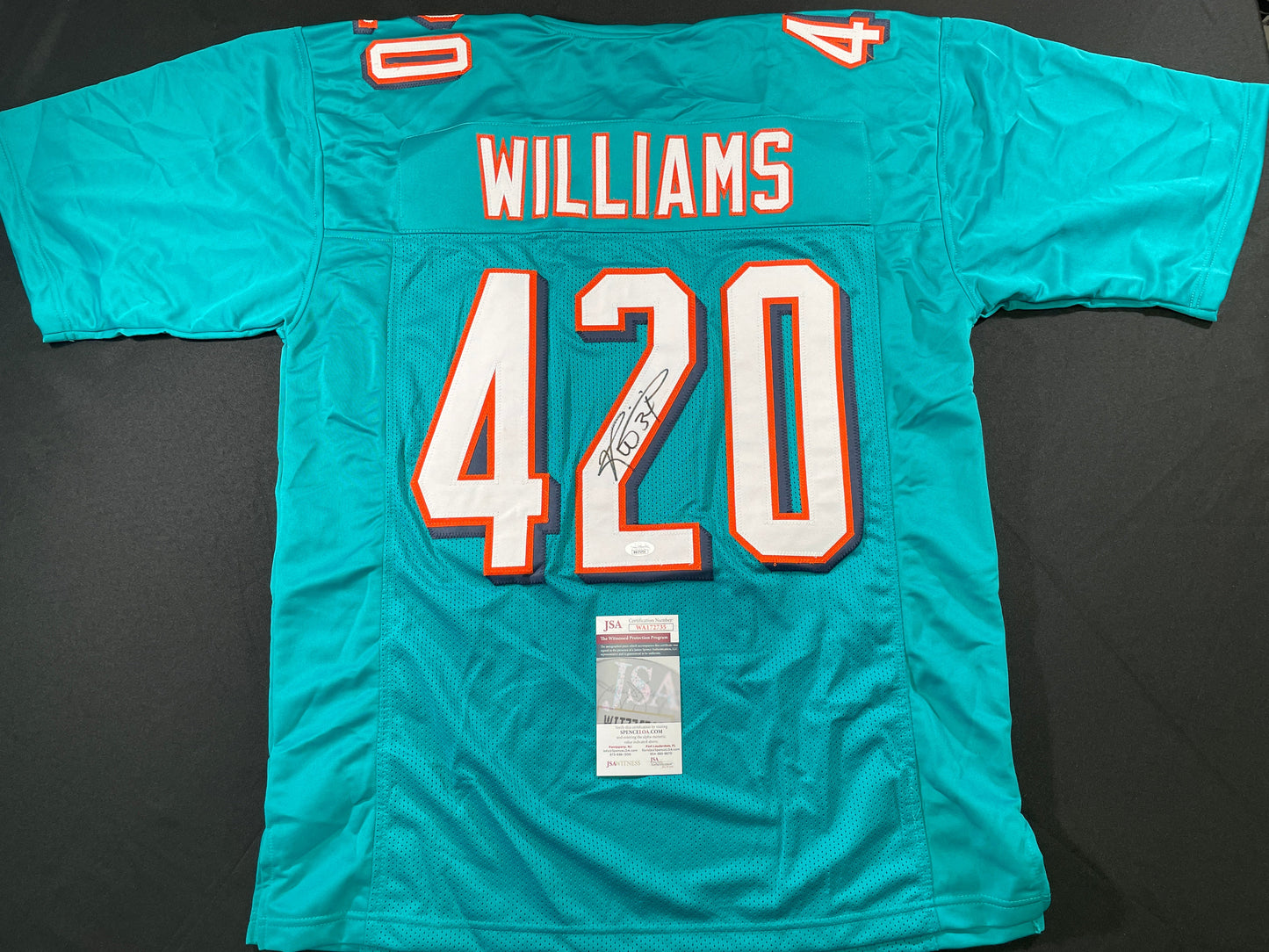 RICKY WILLIAMS TEAL MIAMI DOLPHINS 420 SIGNED JERSEY JSA