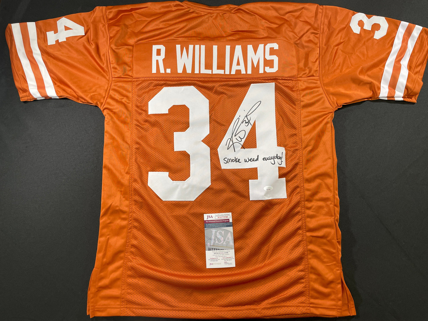 RICKY WILLIAMS TEXAS LONGHORNS SIGNED JERSEY w/"Smoke Weed Everyday!" JSA