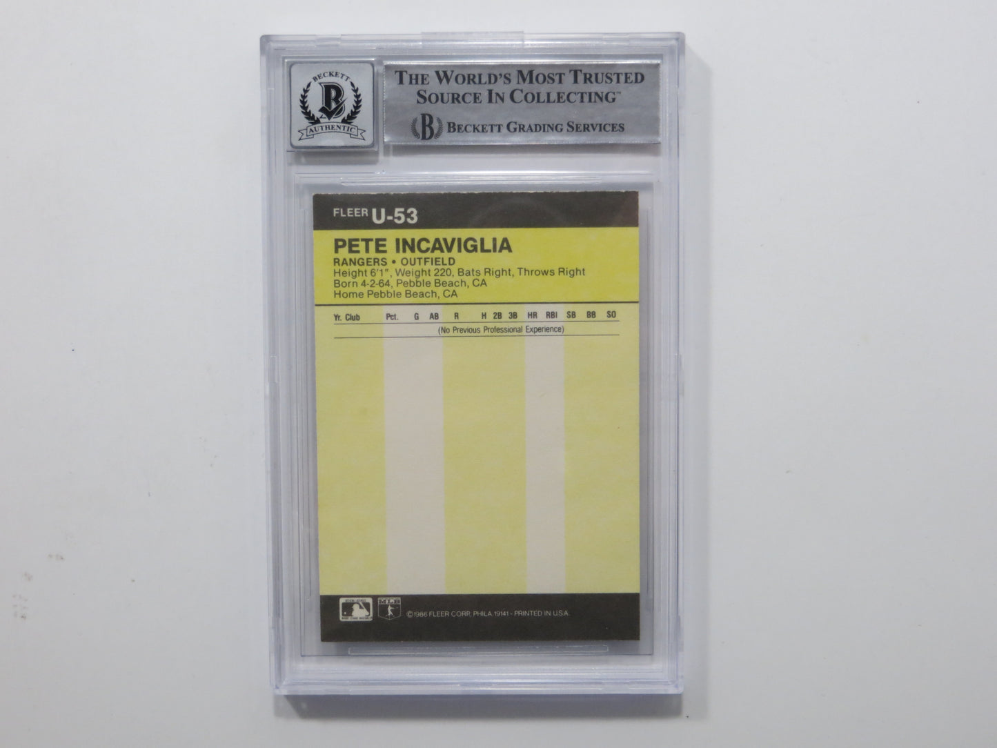 PETE INCAVIGLIA SIGNED BGS BAS SLAB 1986 FLEER UPDATE #U53 XRC Auto 10 RANGERS