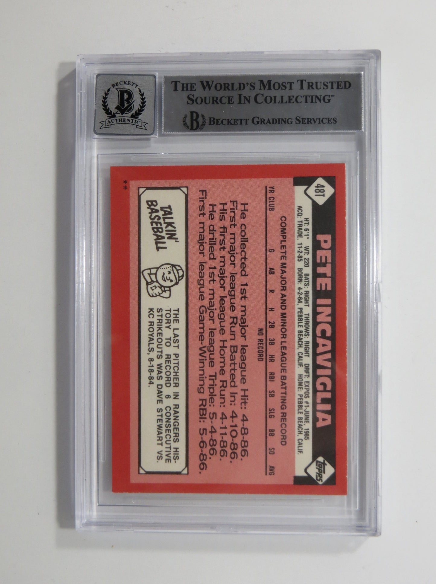 PETE INCAVIGLIA SIGNED BGS BAS SLAB 1986 TOPPS UPDATE #48T XRC Auto 10 RANGERS