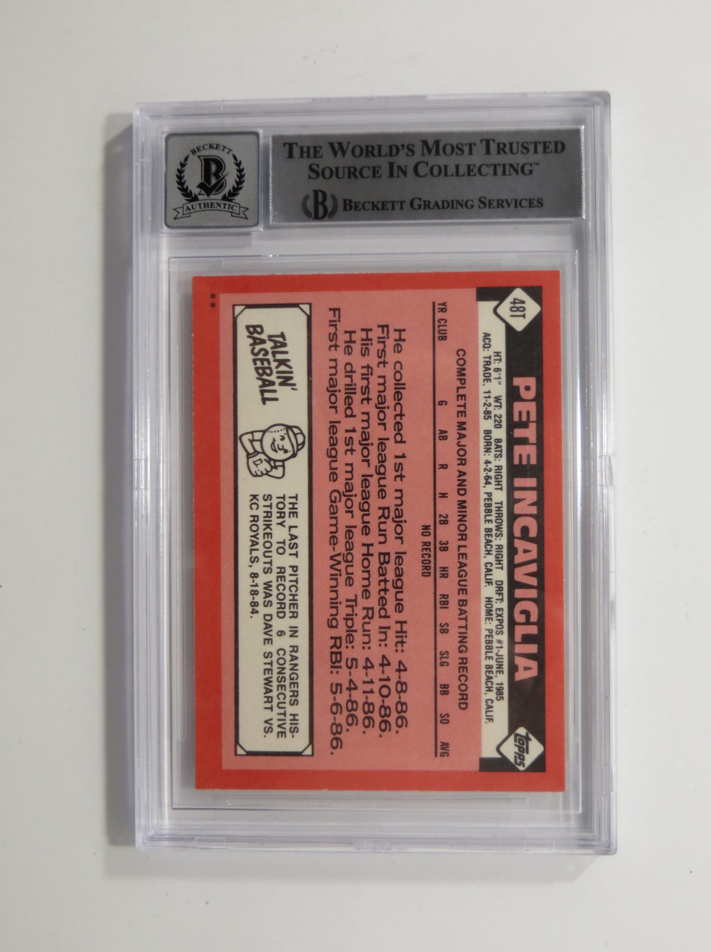 PETE INCAVIGLIA SIGNED BGS BAS SLAB 1986 TOPPS UPDATE #48T XRC Auto 10 RANGERS