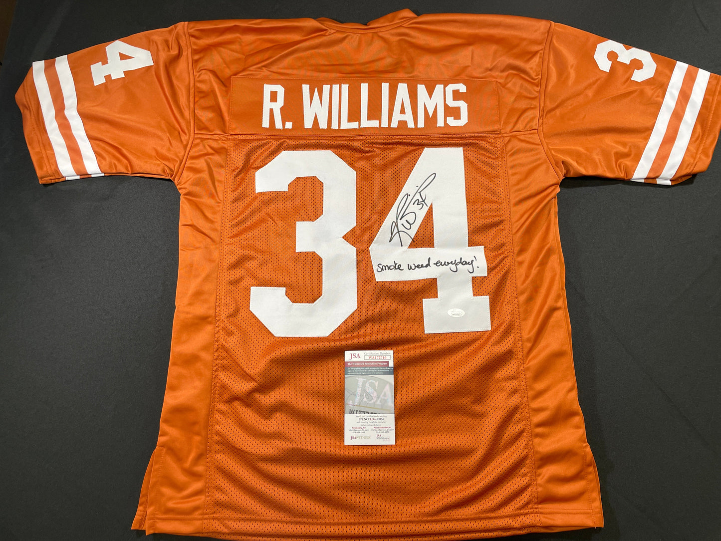 RICKY WILLIAMS TEXAS LONGHORNS SIGNED JERSEY w/"Smoke Weed Everyday!" JSA