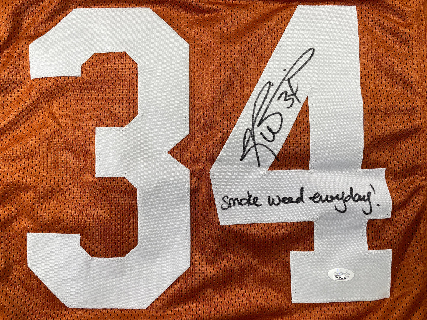 RICKY WILLIAMS TEXAS LONGHORNS SIGNED JERSEY w/"Smoke Weed Everyday!" JSA