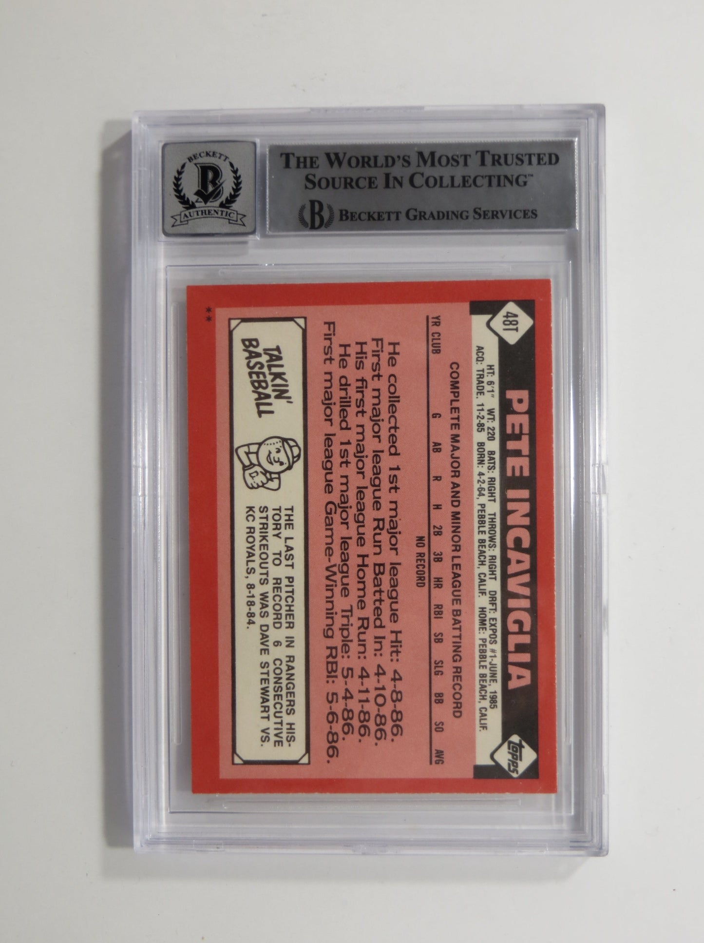 PETE INCAVIGLIA SIGNED BGS BAS SLAB 1986 TOPPS UPDATE #48T XRC Auto 10 RANGERS