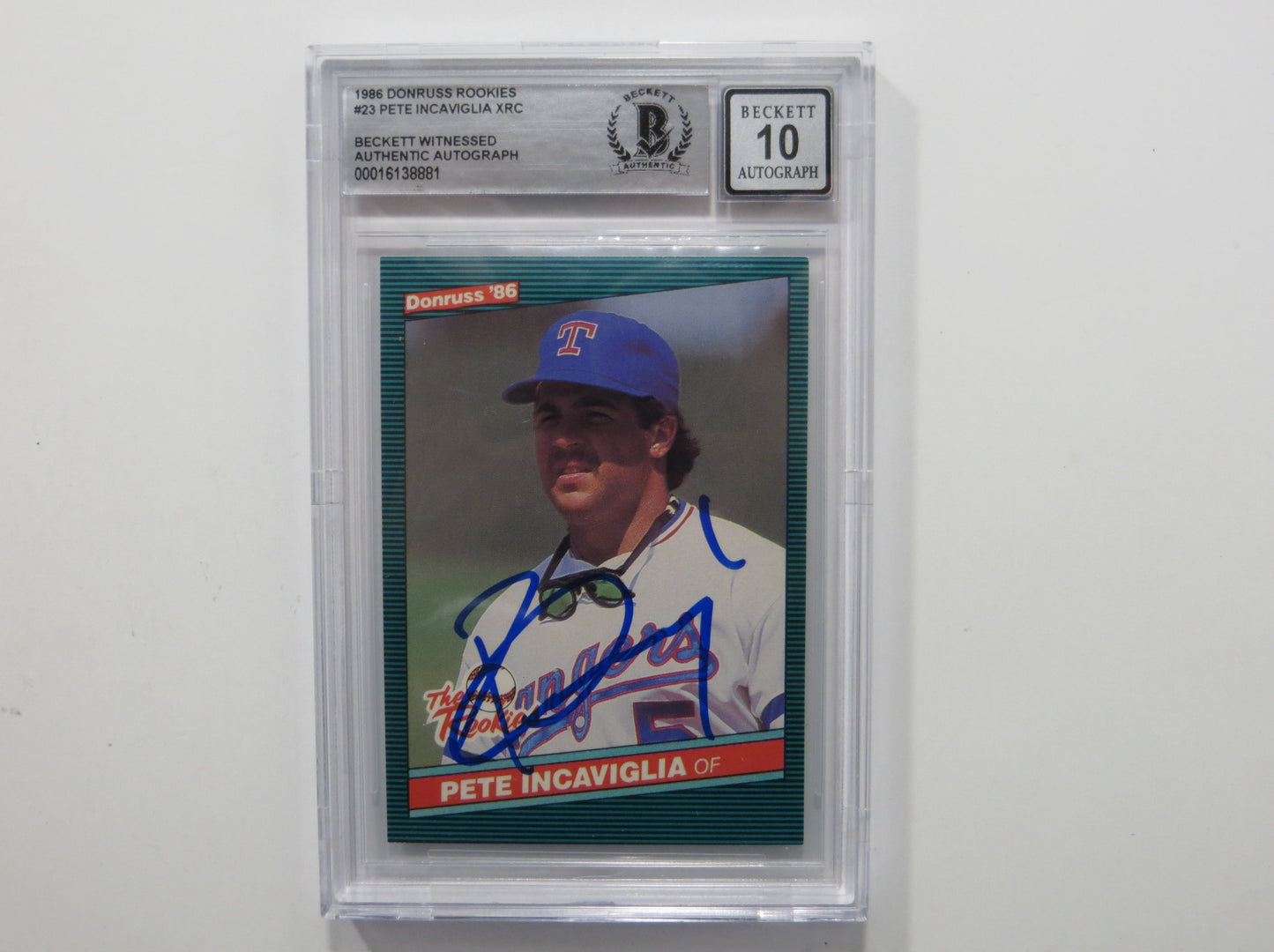 PETE INCAVIGLIA SIGNED BGS BAS SLAB 1986 DONRUSS Rookies #23 XRC Auto 10 RANGERS