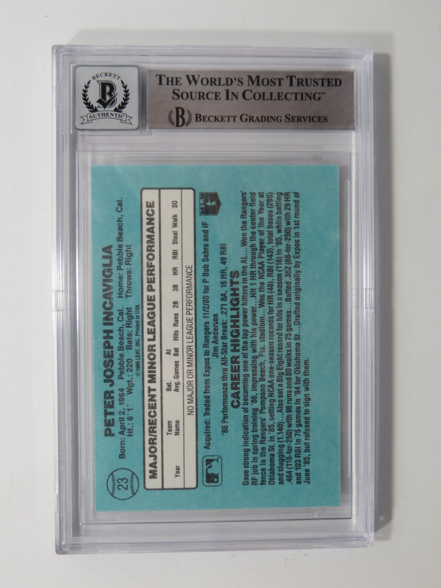 PETE INCAVIGLIA SIGNED BGS BAS SLAB 1986 DONRUSS Rookies #23 XRC Auto 10 RANGERS