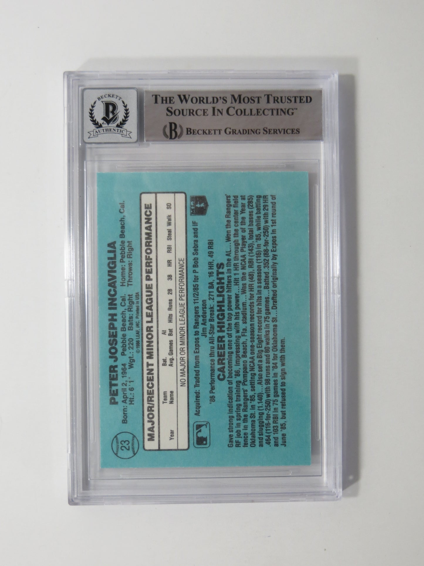 PETE INCAVIGLIA SIGNED BGS BAS SLAB 1986 DONRUSS Rookies #23 XRC Auto 10 RANGERS