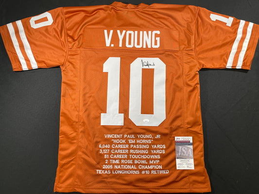 VINCE YOUNG TEXAS LONGHORNS SIGNED STAT JERSEY JSA COA