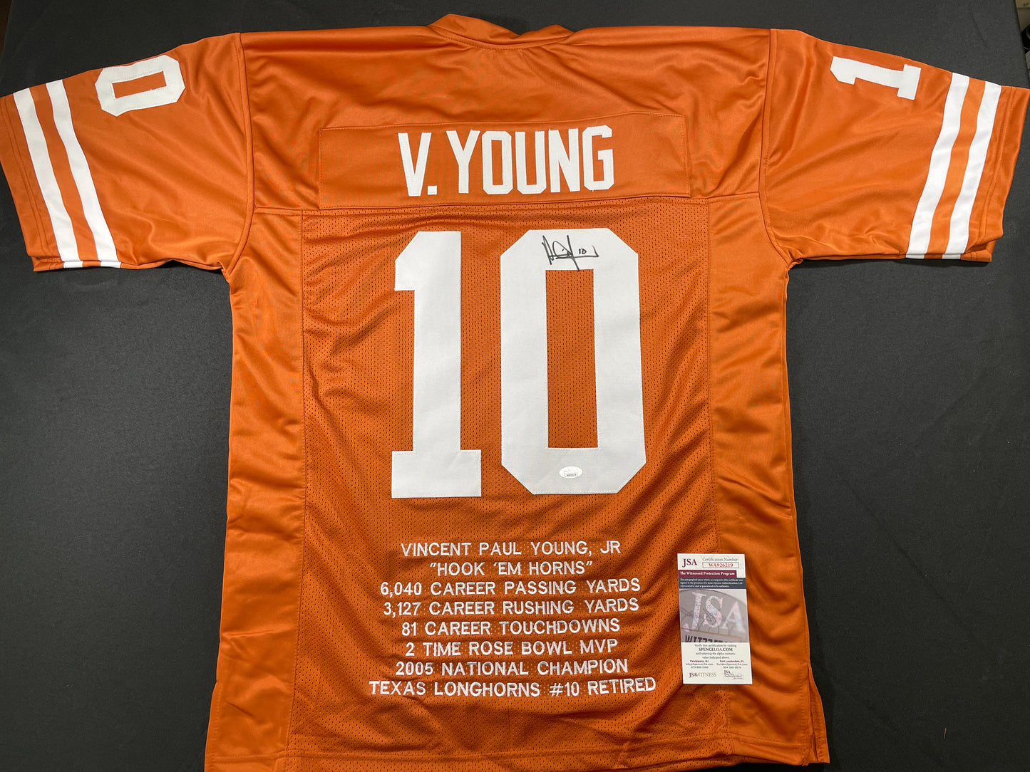 VINCE YOUNG TEXAS LONGHORNS SIGNED STAT JERSEY JSA COA