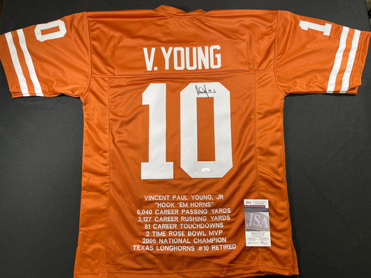 VINCE YOUNG TEXAS LONGHORNS SIGNED STAT JERSEY JSA COA
