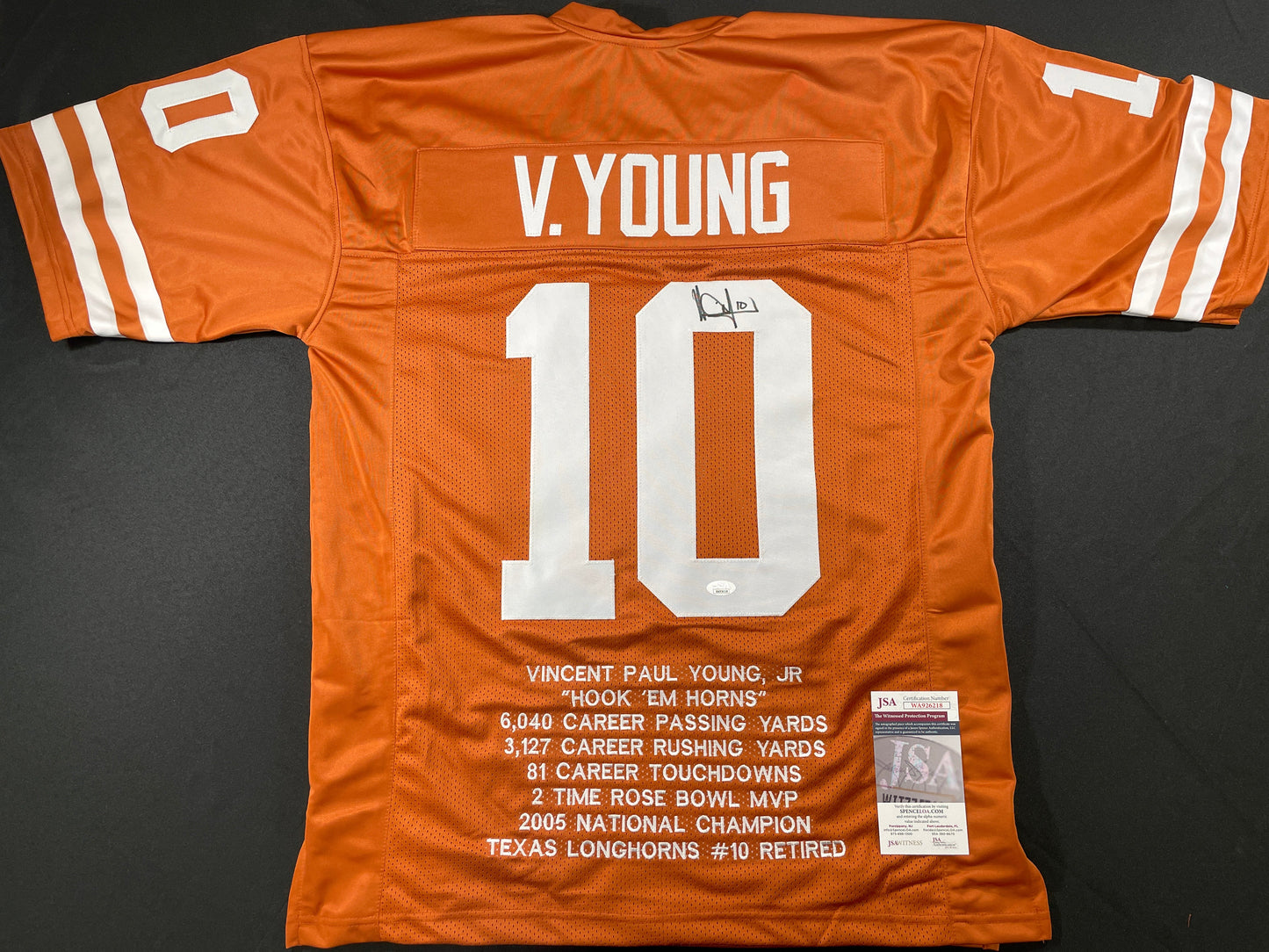 VINCE YOUNG TEXAS LONGHORNS SIGNED STAT JERSEY JSA COA