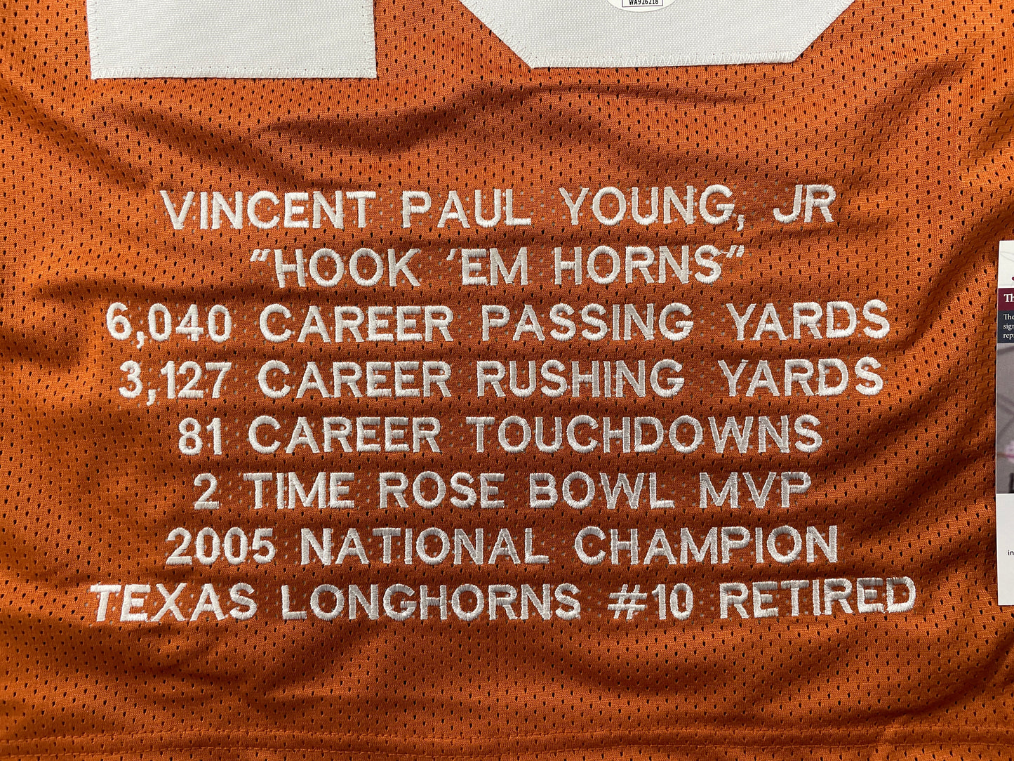 VINCE YOUNG TEXAS LONGHORNS SIGNED STAT JERSEY JSA COA