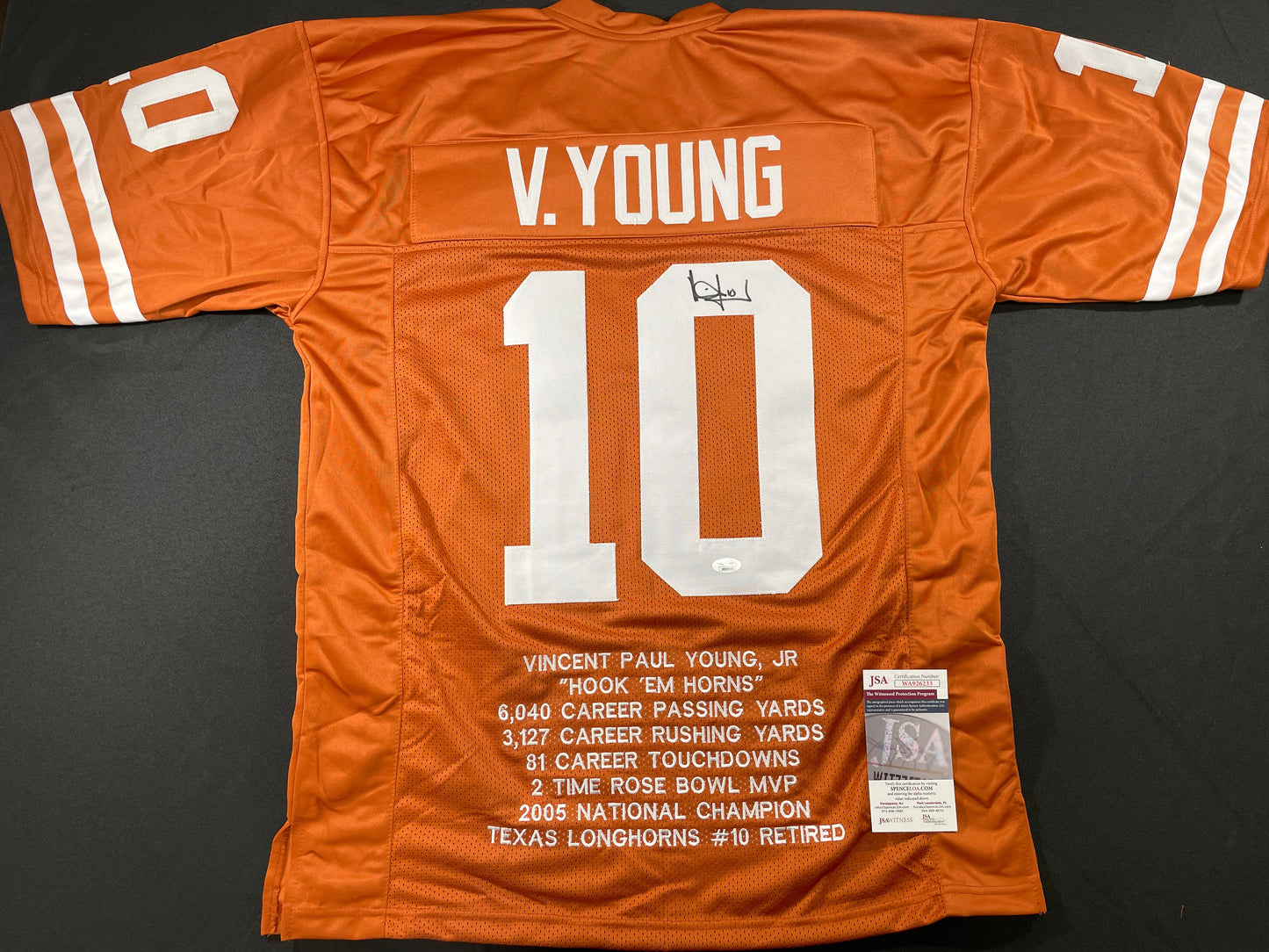 VINCE YOUNG TEXAS LONGHORNS SIGNED STAT JERSEY JSA COA