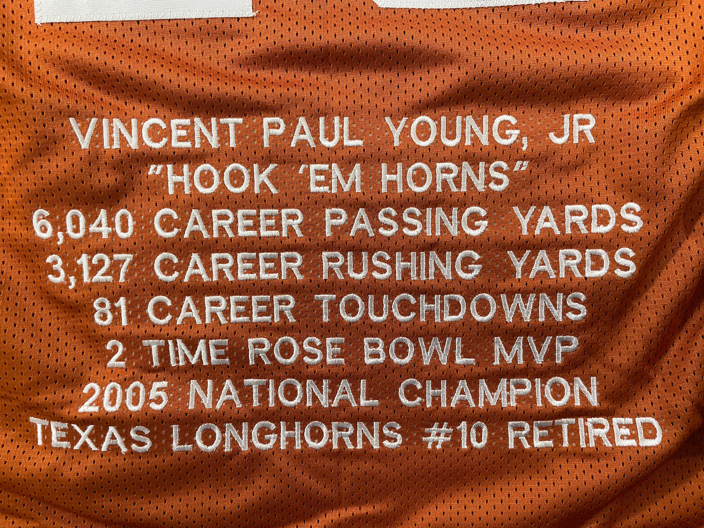 VINCE YOUNG TEXAS LONGHORNS SIGNED STAT JERSEY JSA COA