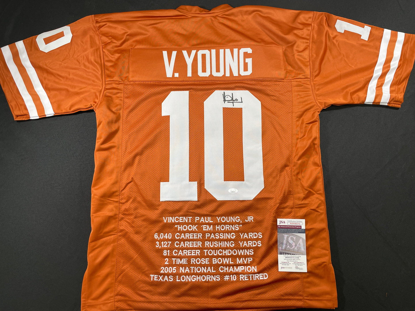 VINCE YOUNG TEXAS LONGHORNS SIGNED STAT JERSEY JSA COA