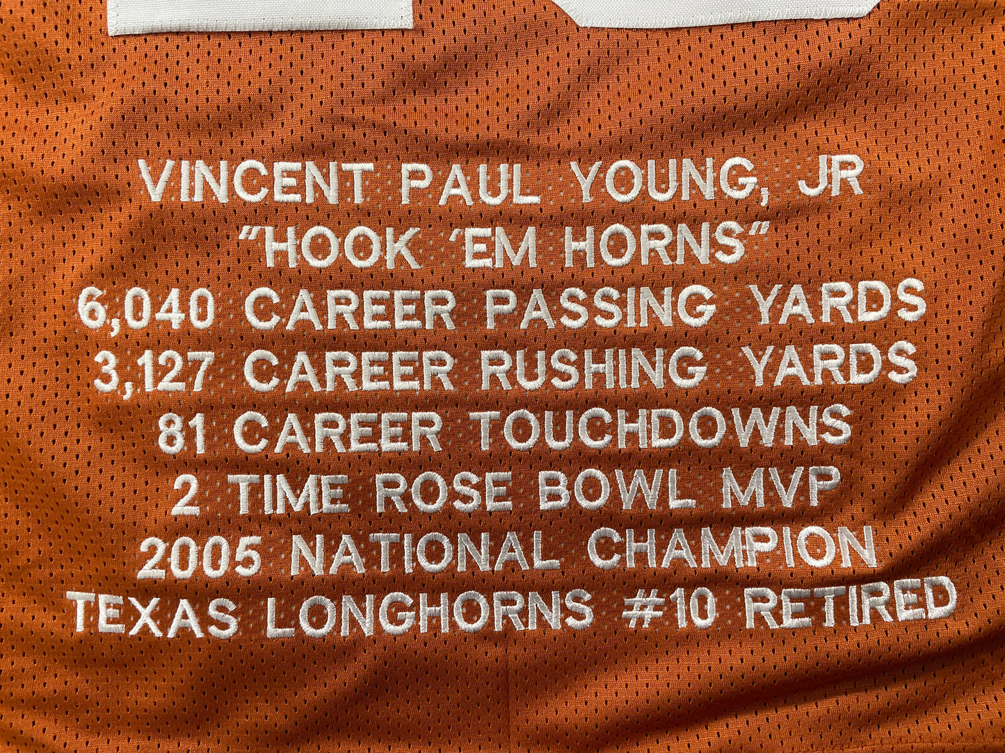 VINCE YOUNG TEXAS LONGHORNS SIGNED STAT JERSEY JSA COA