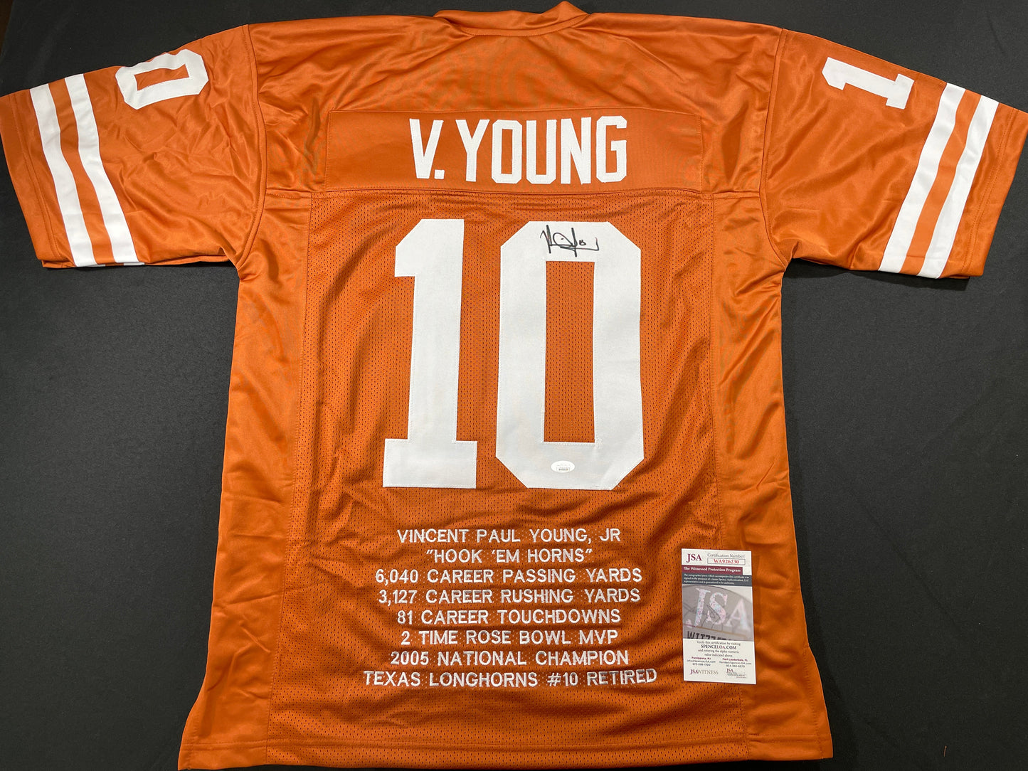 VINCE YOUNG TEXAS LONGHORNS SIGNED STAT JERSEY JSA COA