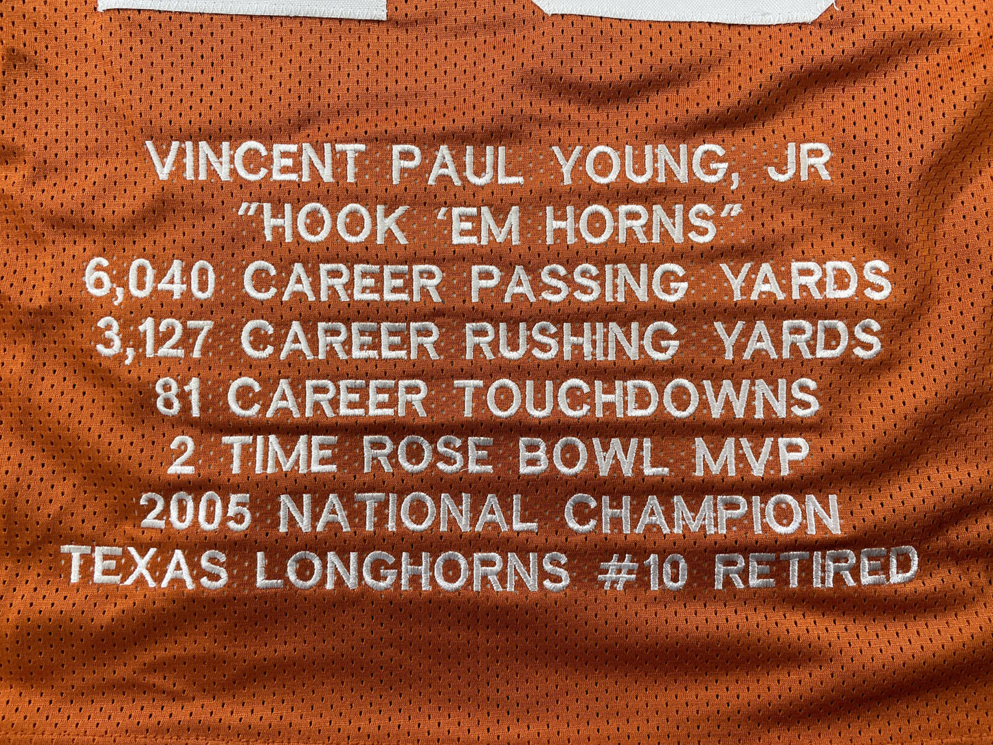 VINCE YOUNG TEXAS LONGHORNS SIGNED STAT JERSEY JSA COA