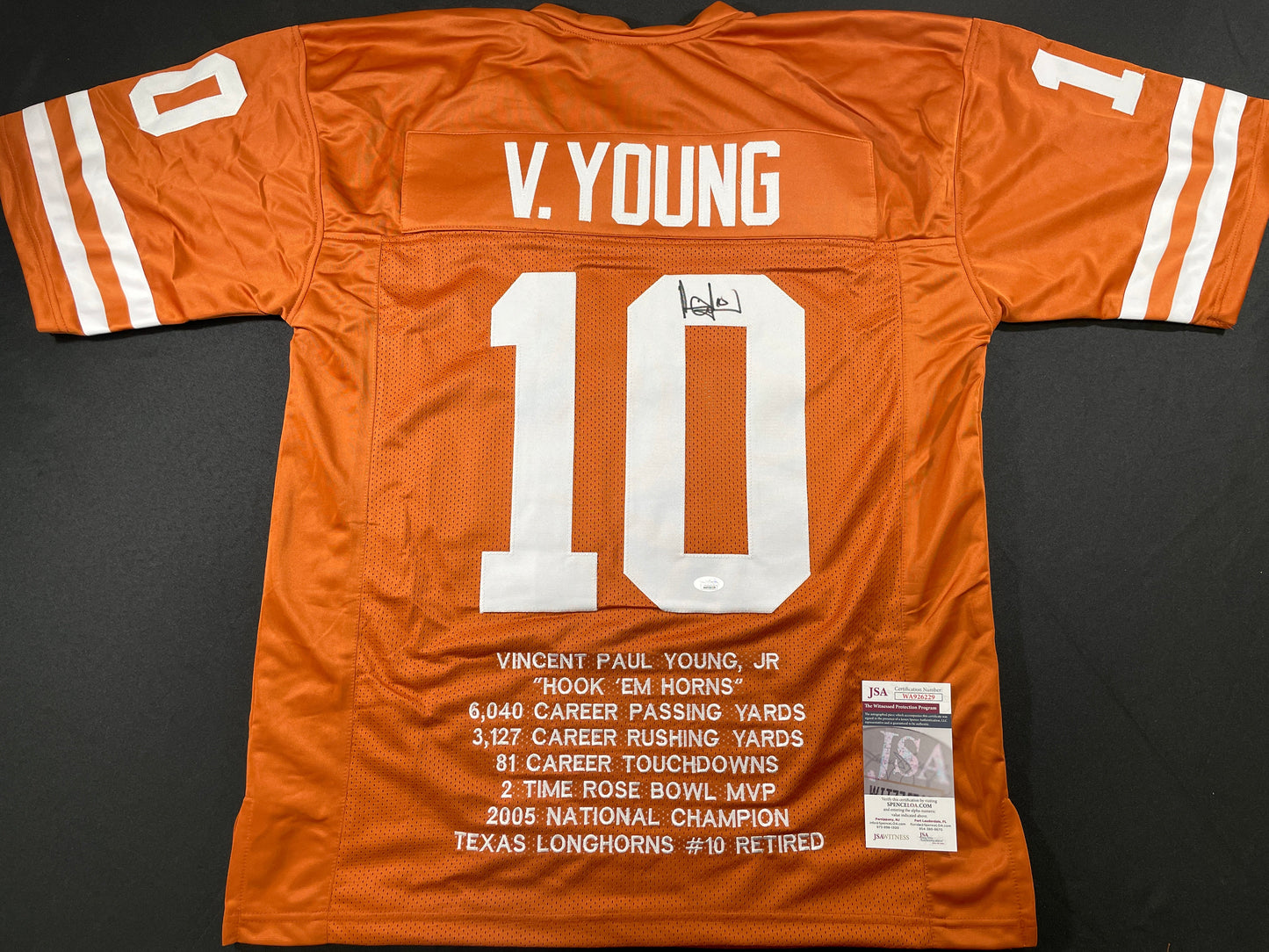 VINCE YOUNG TEXAS LONGHORNS SIGNED STAT JERSEY JSA COA