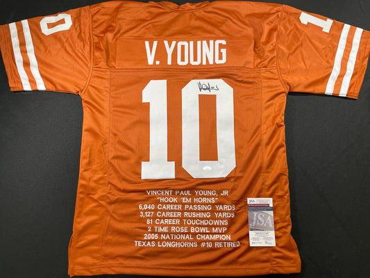 VINCE YOUNG TEXAS LONGHORNS SIGNED STAT JERSEY JSA COA