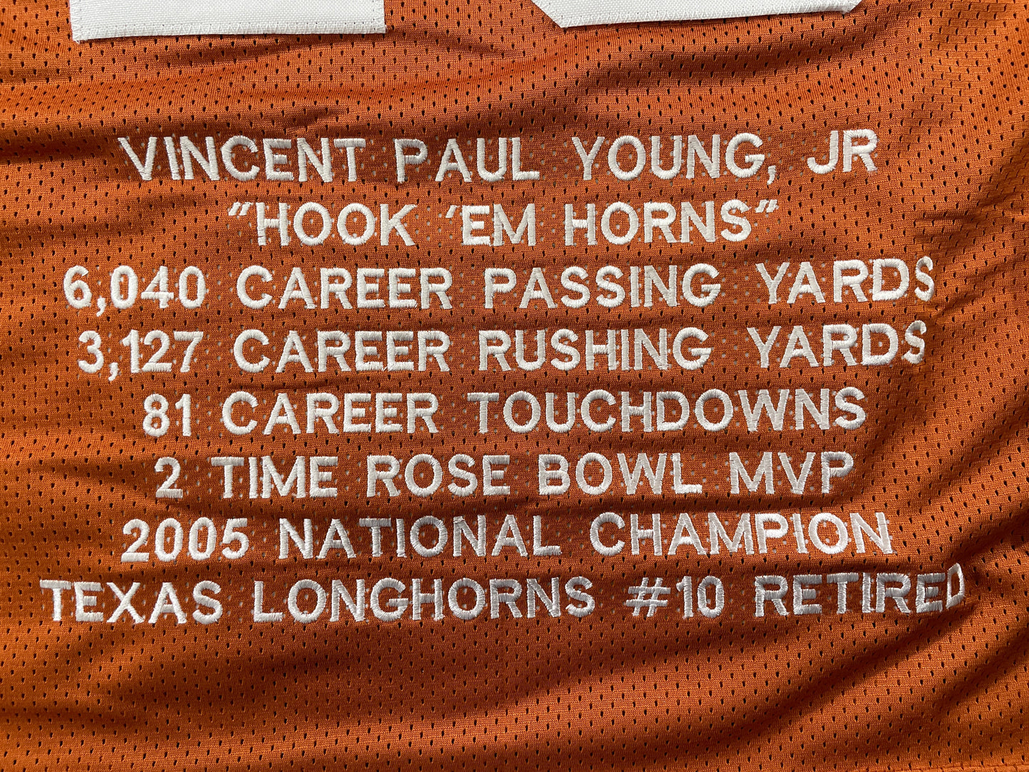 VINCE YOUNG TEXAS LONGHORNS SIGNED STAT JERSEY JSA COA