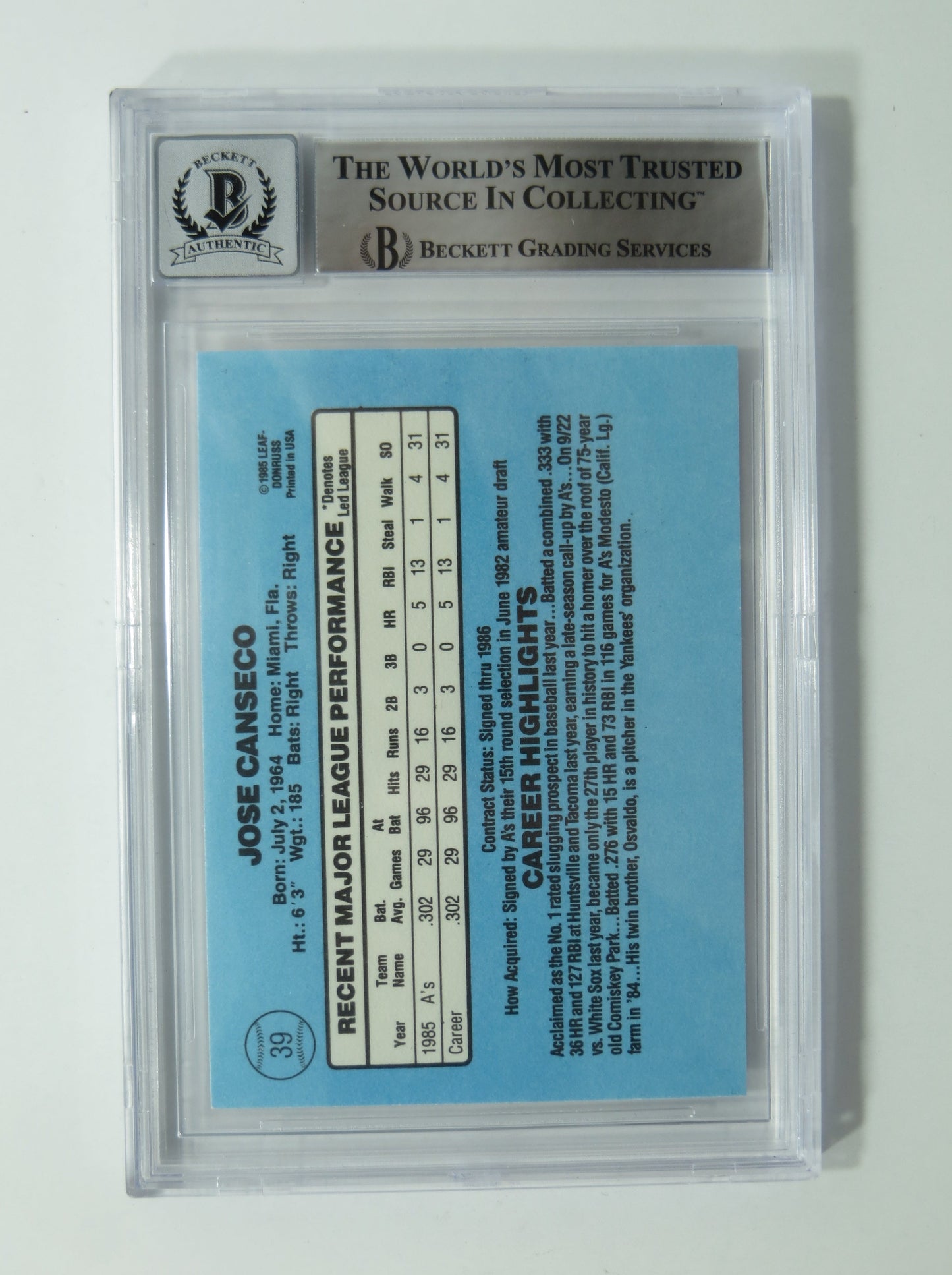 JOSE CANSECO SIGNED BGS BAS SLAB 1986 DONRUSS #39 A's Auto 10