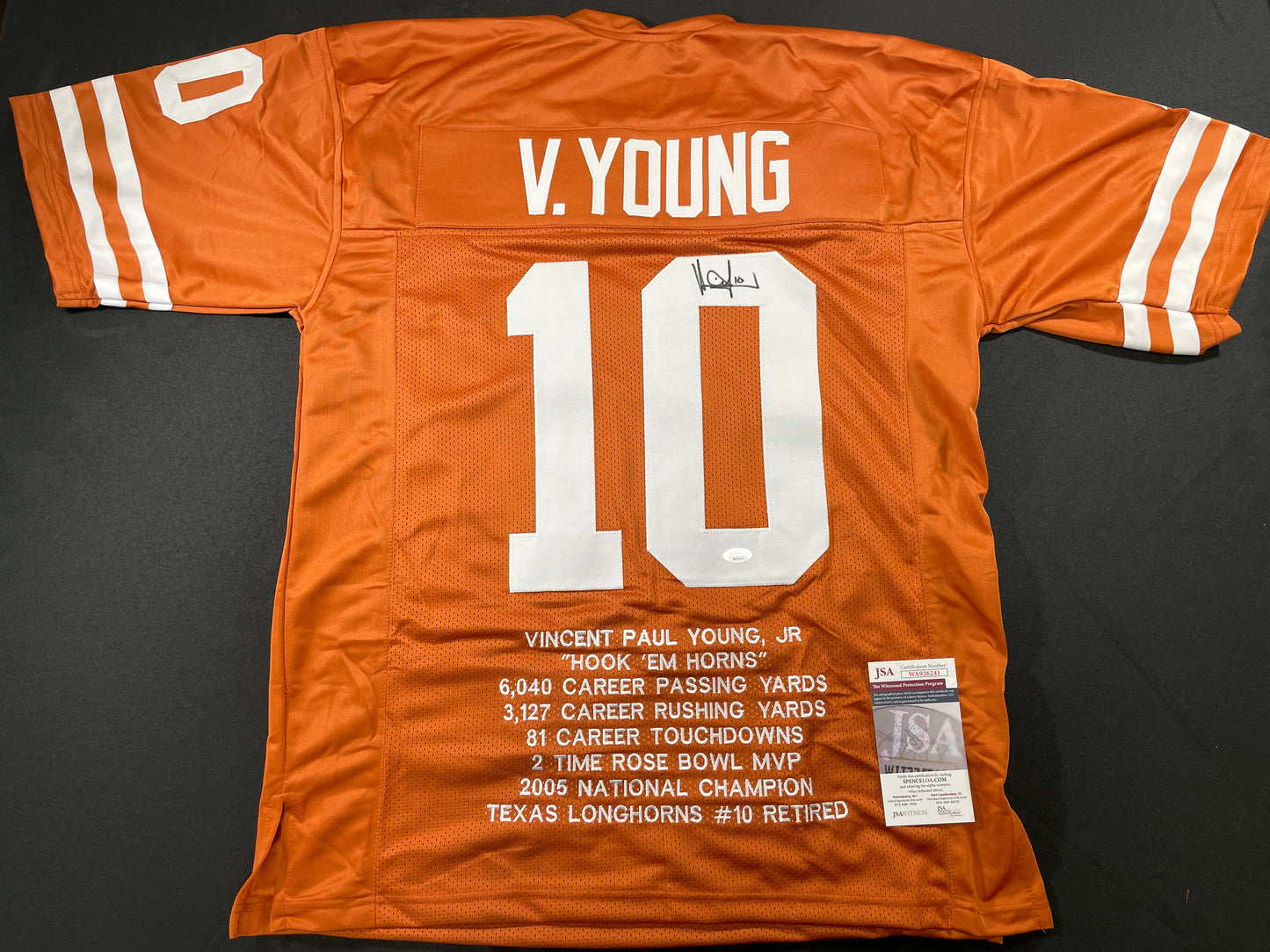 VINCE YOUNG TEXAS LONGHORNS SIGNED STAT JERSEY JSA COA