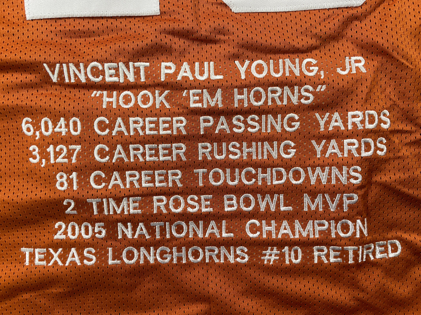 VINCE YOUNG TEXAS LONGHORNS SIGNED STAT JERSEY JSA COA
