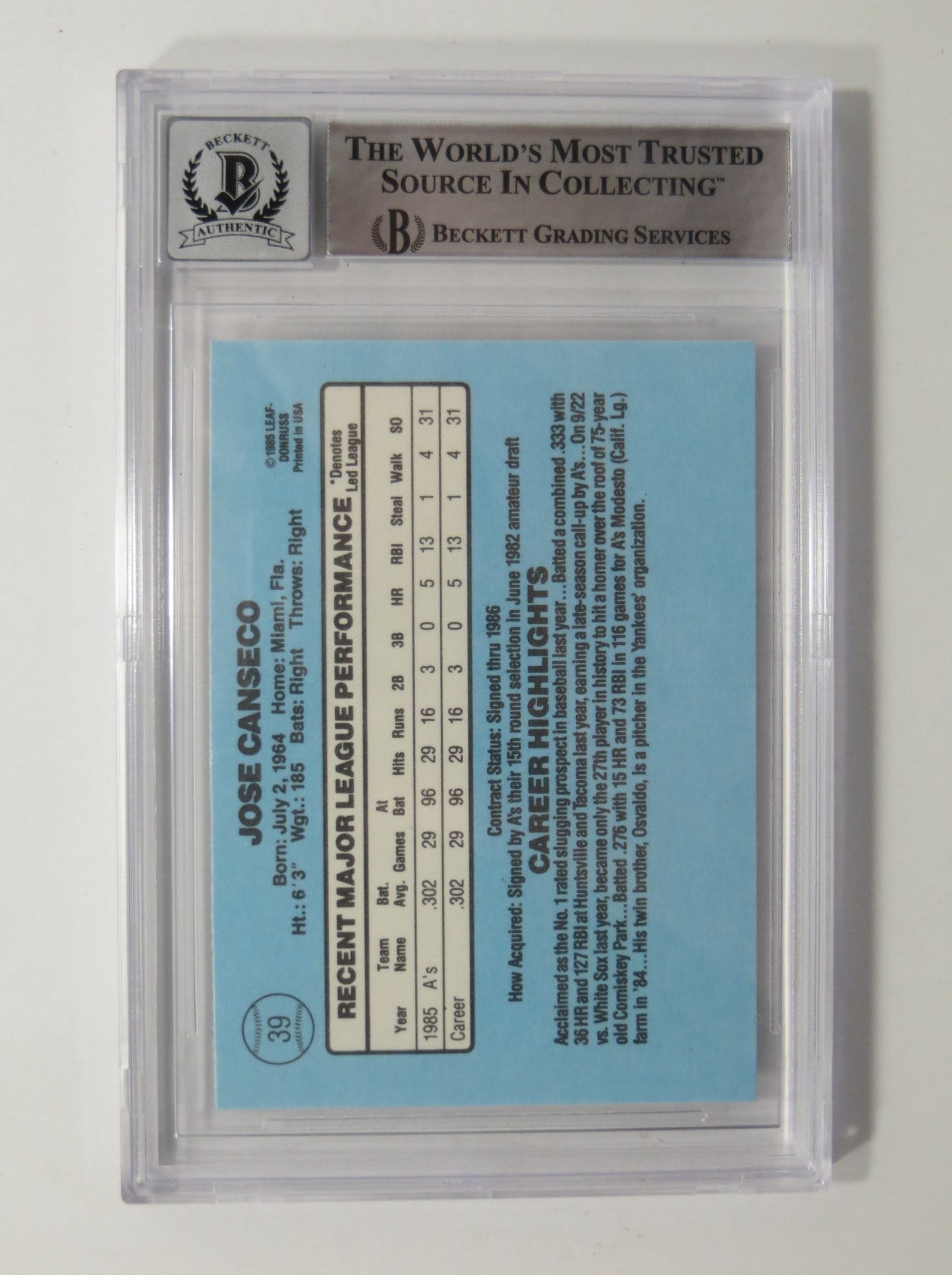 JOSE CANSECO SIGNED BGS BAS SLAB 1986 DONRUSS #39 A's Auto 10