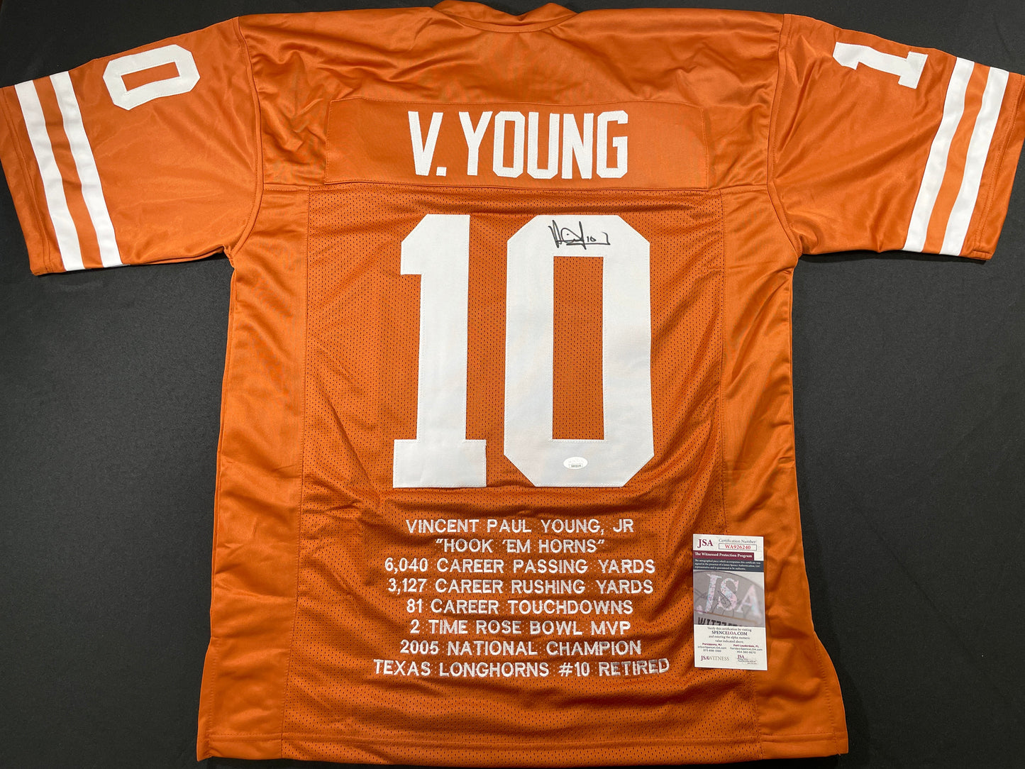 VINCE YOUNG TEXAS LONGHORNS SIGNED STAT JERSEY JSA COA