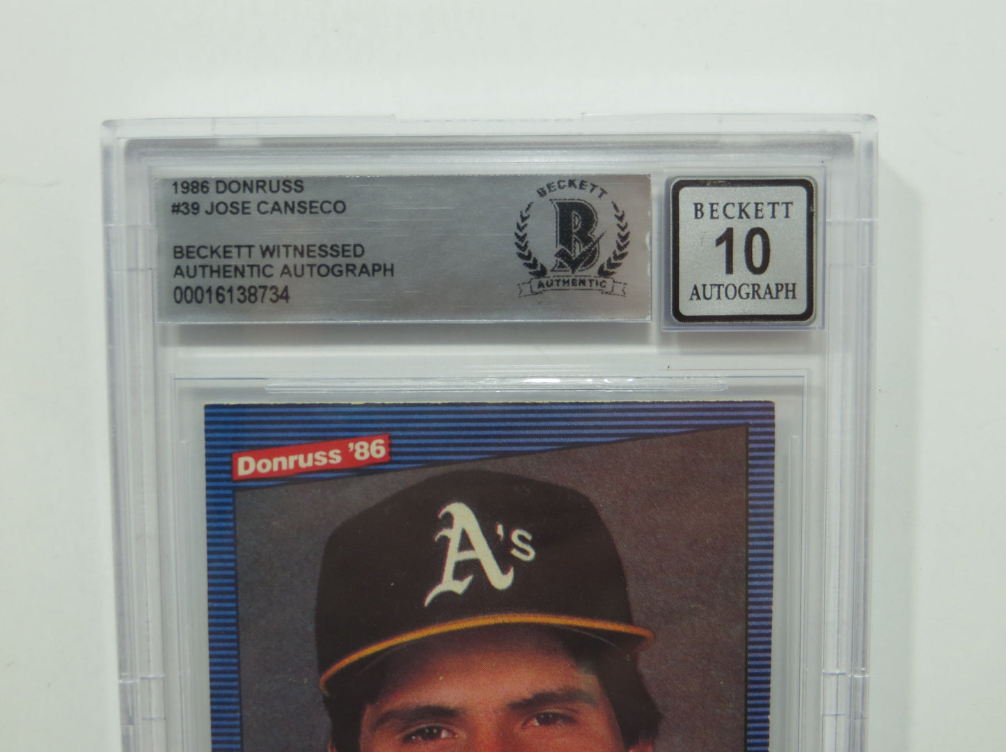 JOSE CANSECO SIGNED BGS BAS SLAB 1986 DONRUSS #39 A's Auto 10