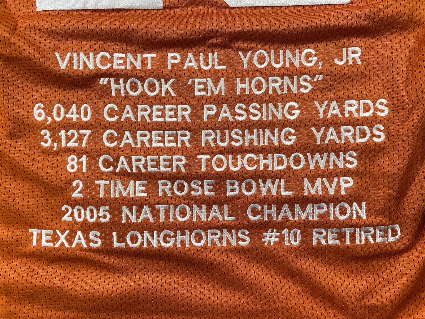 VINCE YOUNG TEXAS LONGHORNS SIGNED STAT JERSEY JSA COA