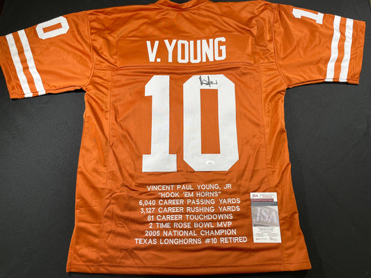 VINCE YOUNG TEXAS LONGHORNS SIGNED STAT JERSEY JSA COA